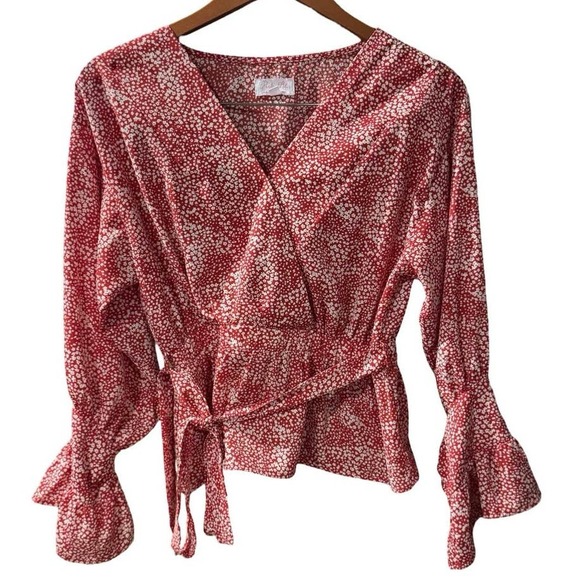 Pink Lily top So Indecisive Floral Red Blouse boho tie waist S Small faux wrap - Picture 2 of 7